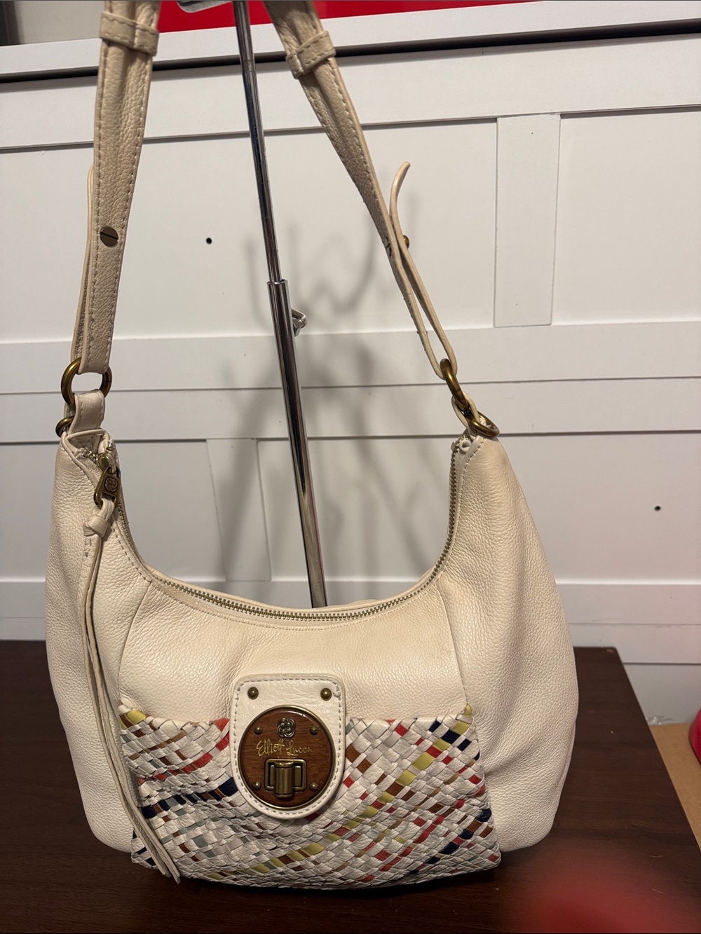 Cream Woven Accent Shoulder Bag